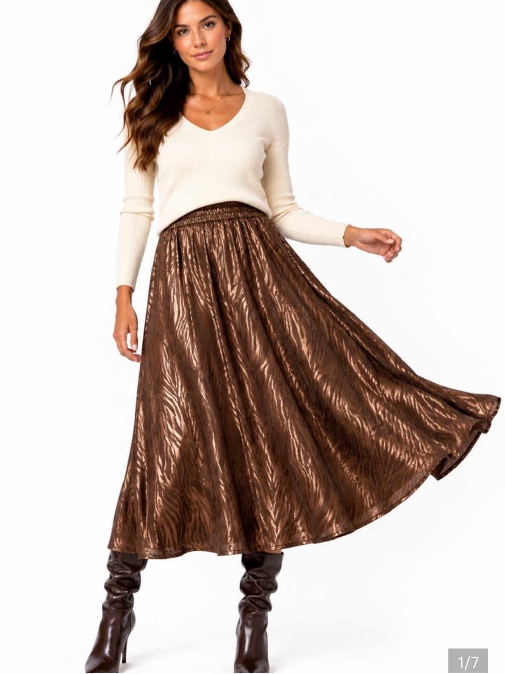 NWT Reba Metallic Zebra Print A-Line Midi Skirt Bronze Brown Size S